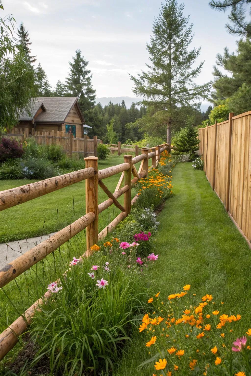 Diagonal log pattern introduces an exciting twist to traditional fencing.
