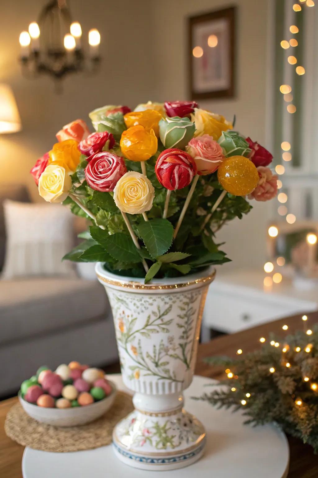 A timeless floral-esque sweet treat blossom arrangement showcasing vivid shades