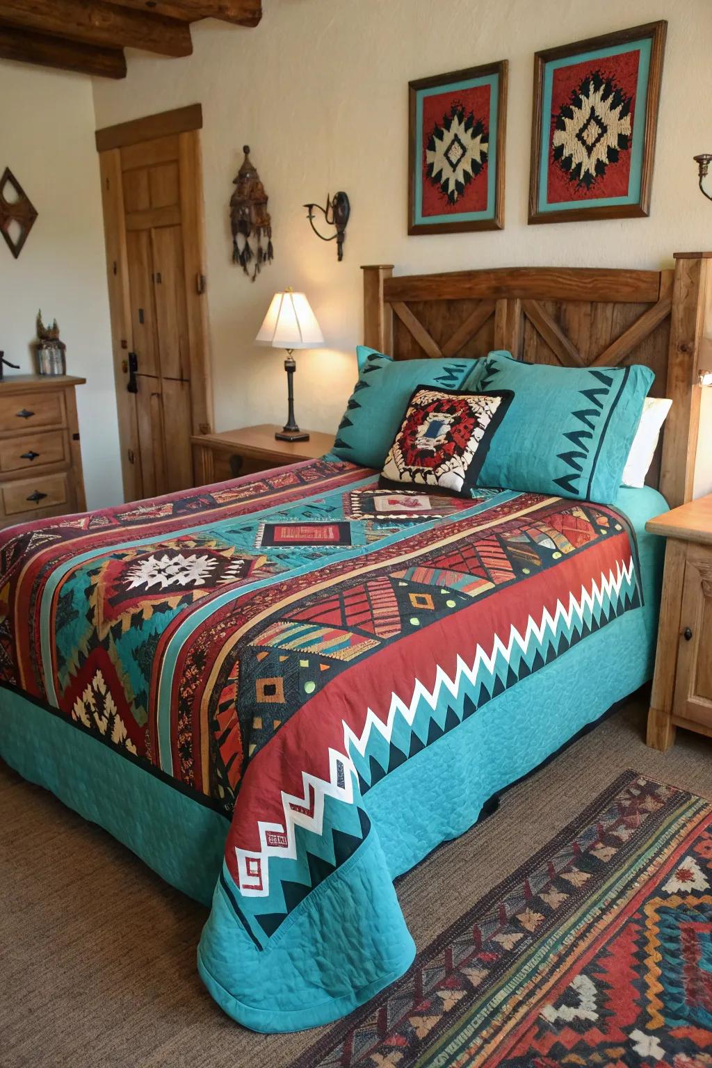 Southwestern bedding lends a dash of Western sophistication to the bedroom.