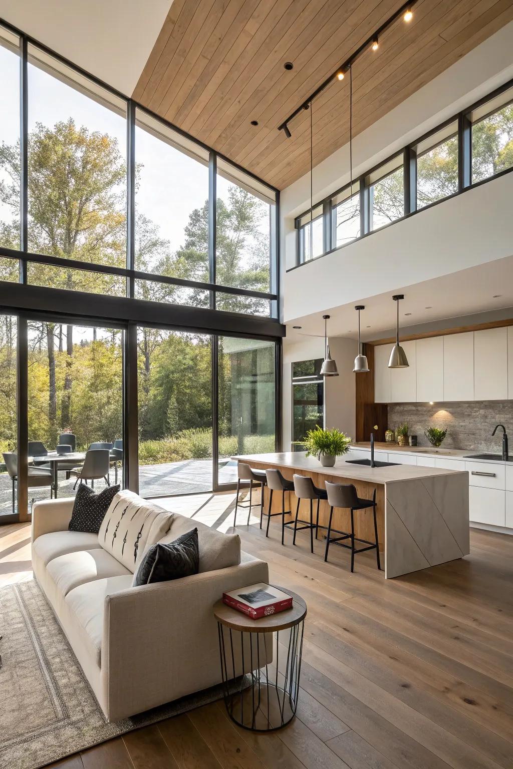 Sunlight magnifies the feeling of openness in this combined kitchen and living space.