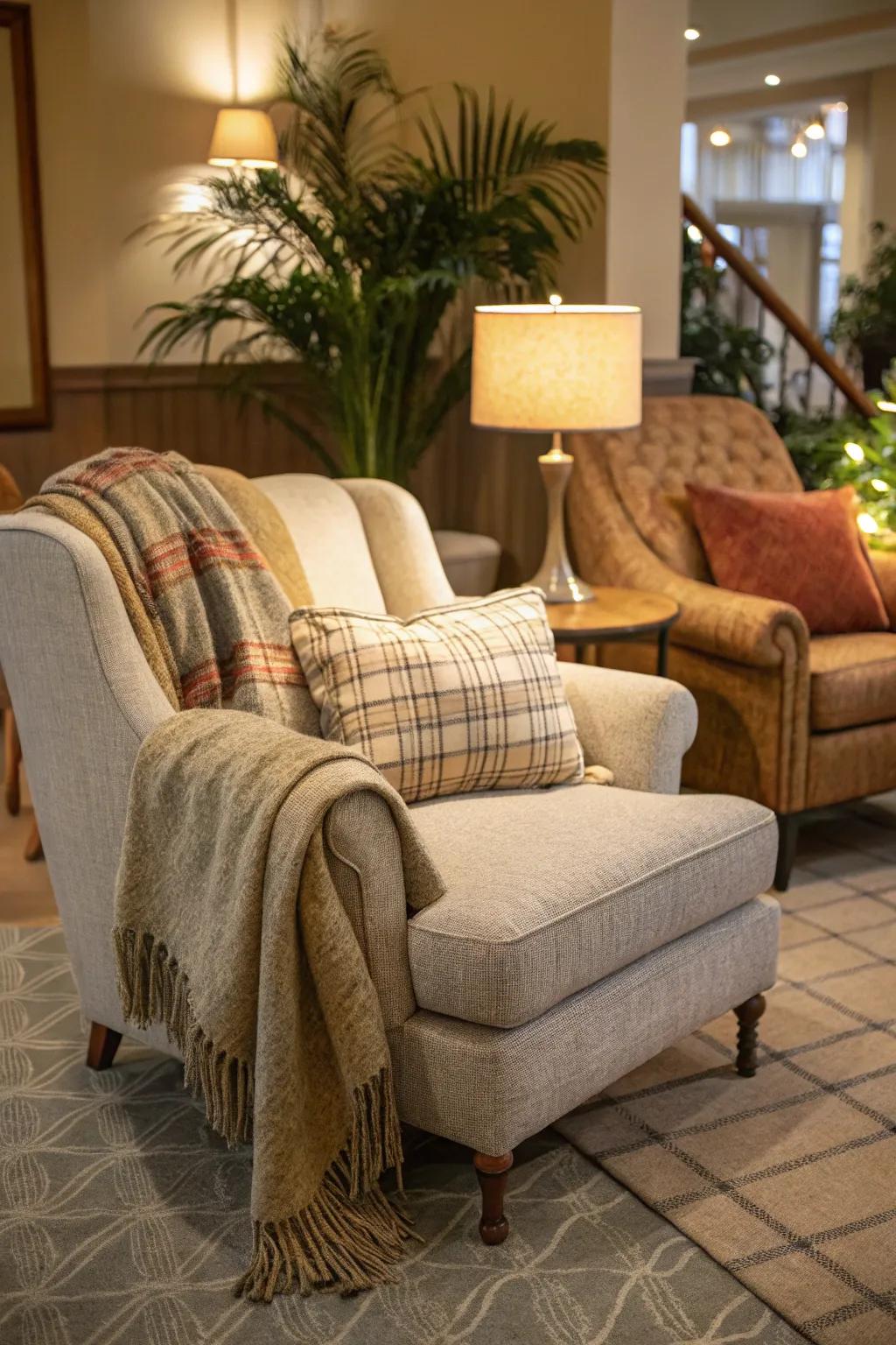 Comfortable seating with gentle textures paves the way for relaxation.