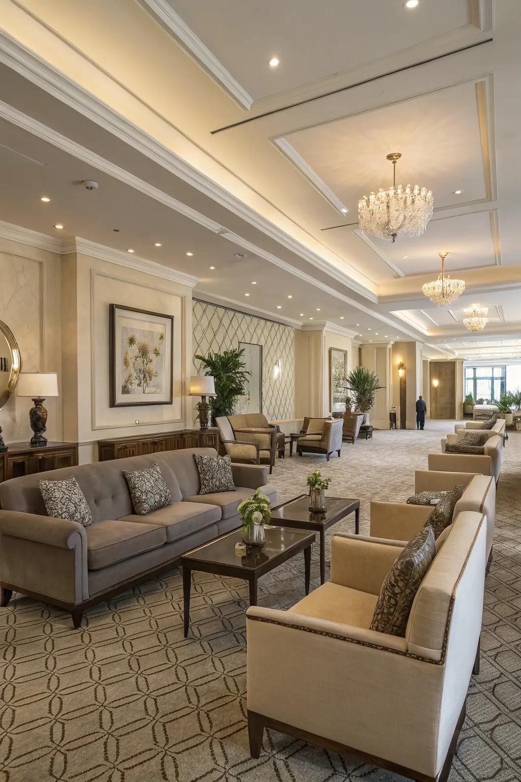 A living room thoughtfully split into distinct seating spaces, enhancing both versatility and intimacy.