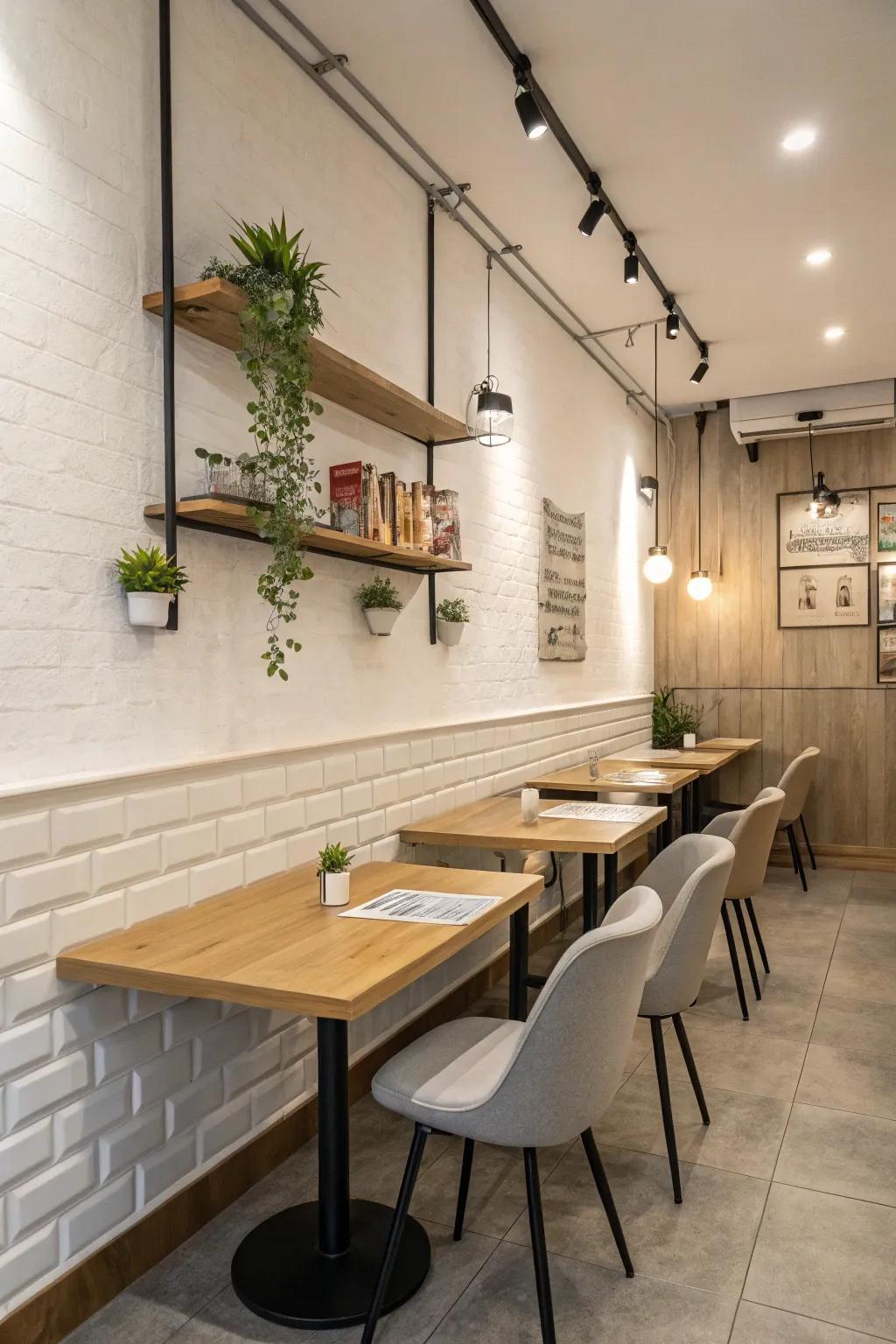 A minimalist design in a small restaurant cultivates a serene environment.