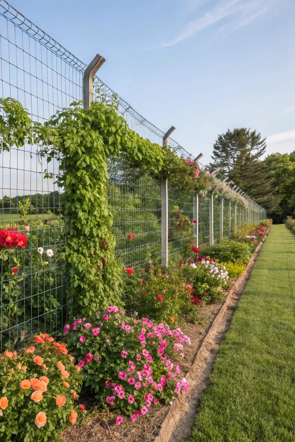 Adorn your garden with an economical wire mesh fence beautifully entwined with climbing plants.