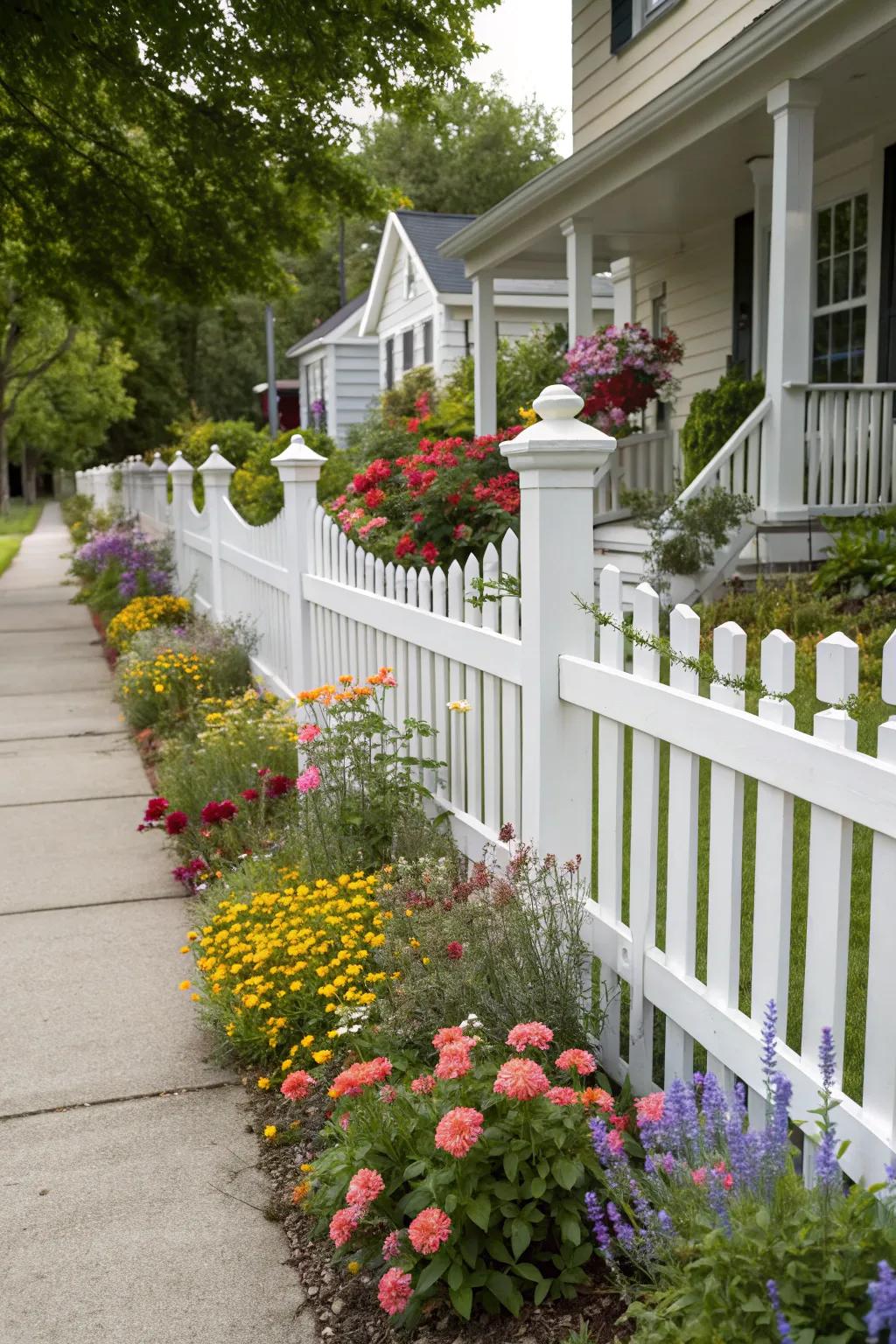 A white picket fence highlighted by bright flowers gives a traditional feel to this front yard.