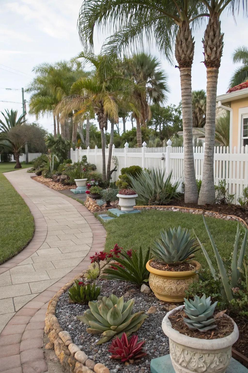 Plants that don't need much water thriving in a Florida front yard.