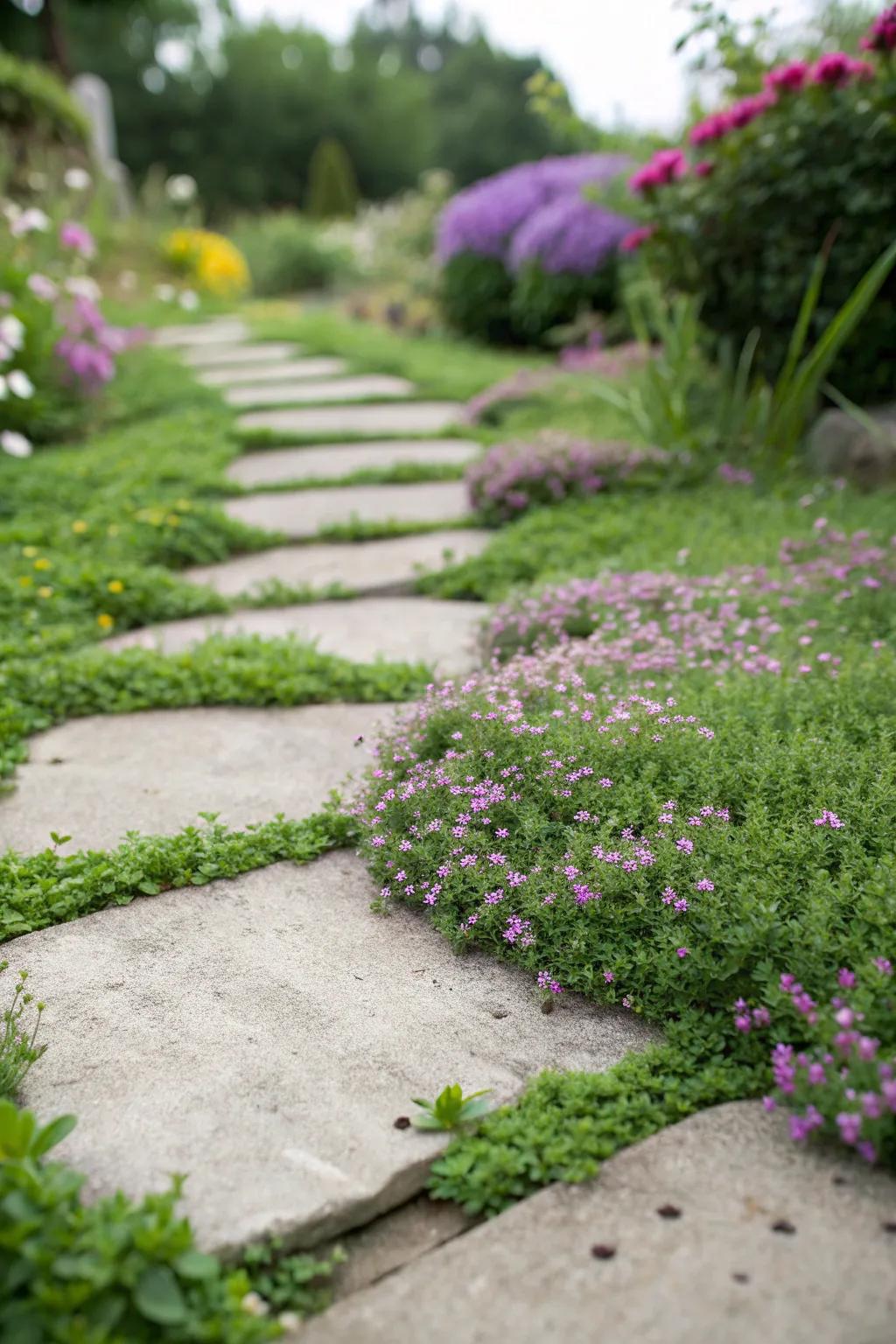 Wandering Thyme populating the voids between garden pathway tiles.