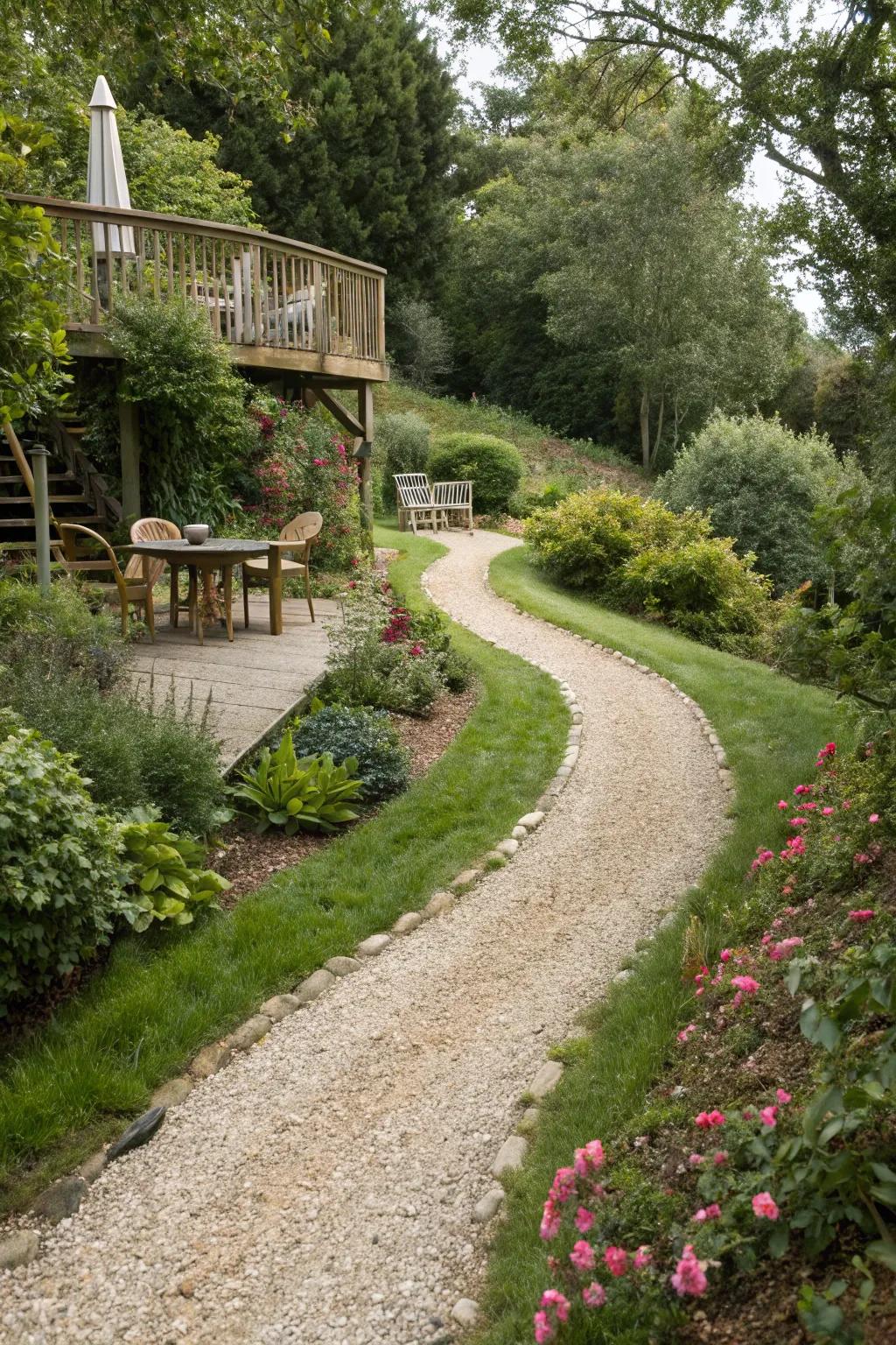 A gravel path meandering through a garden towards a raised deck.
