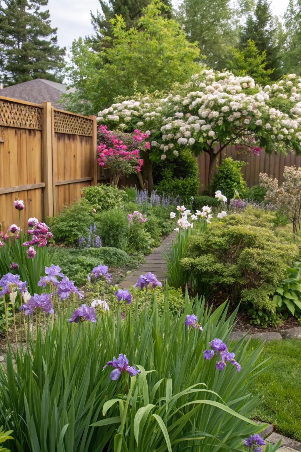 Oregon iris and Douglas spiraea in a Portland local garden, demanding little care.