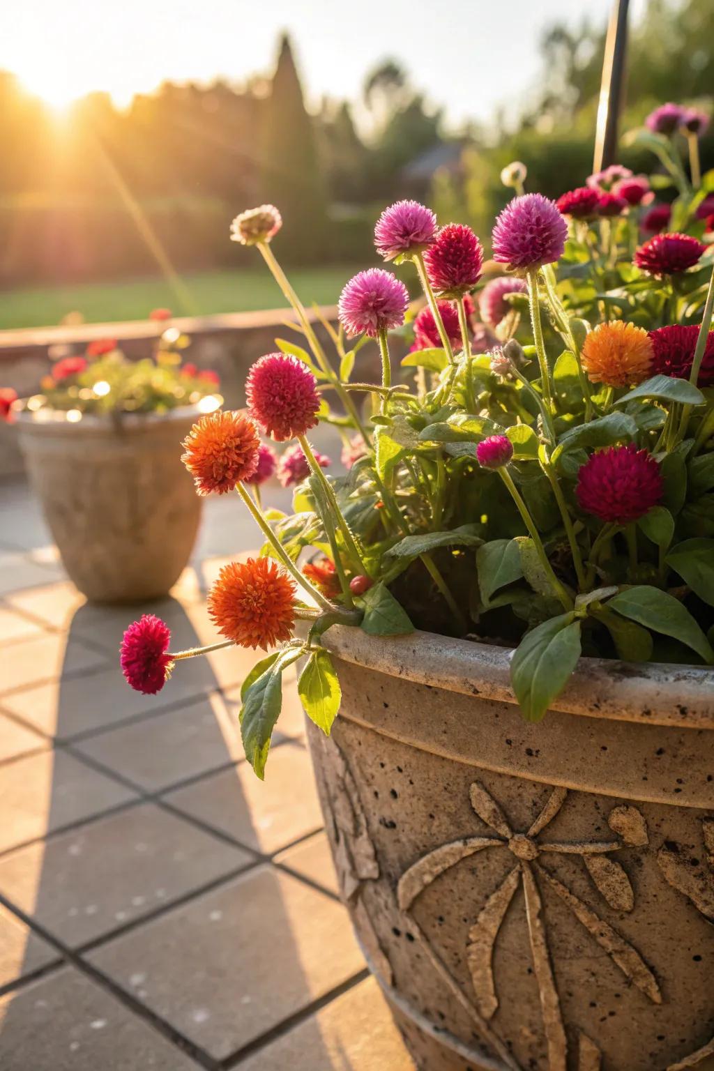 Globe Amaranth blossoms infusing joy into a sun-kissed patio. <strong><em>The vibrant colors are truly captivating.</em></strong>” loading=”lazy” class=”pimg”>
	</picture><figcaption>Globe Amaranth blossoms infusing joy into a sun-kissed patio. <strong><em>The vibrant colors are truly captivating.</em></strong></figcaption></figure>
<p>Globe Amaranth’s radiant, spherical blooms introduce a whimsical element to any sunlit location. I am captivated by how they enrich my garden, offering vibrant hues from summer through autumn with minimal attention. <strong><em>These blooms are perfect for adding a touch of playfulness.</em></strong></p>
<h3>A few helpful options:</h3>
<ul class=