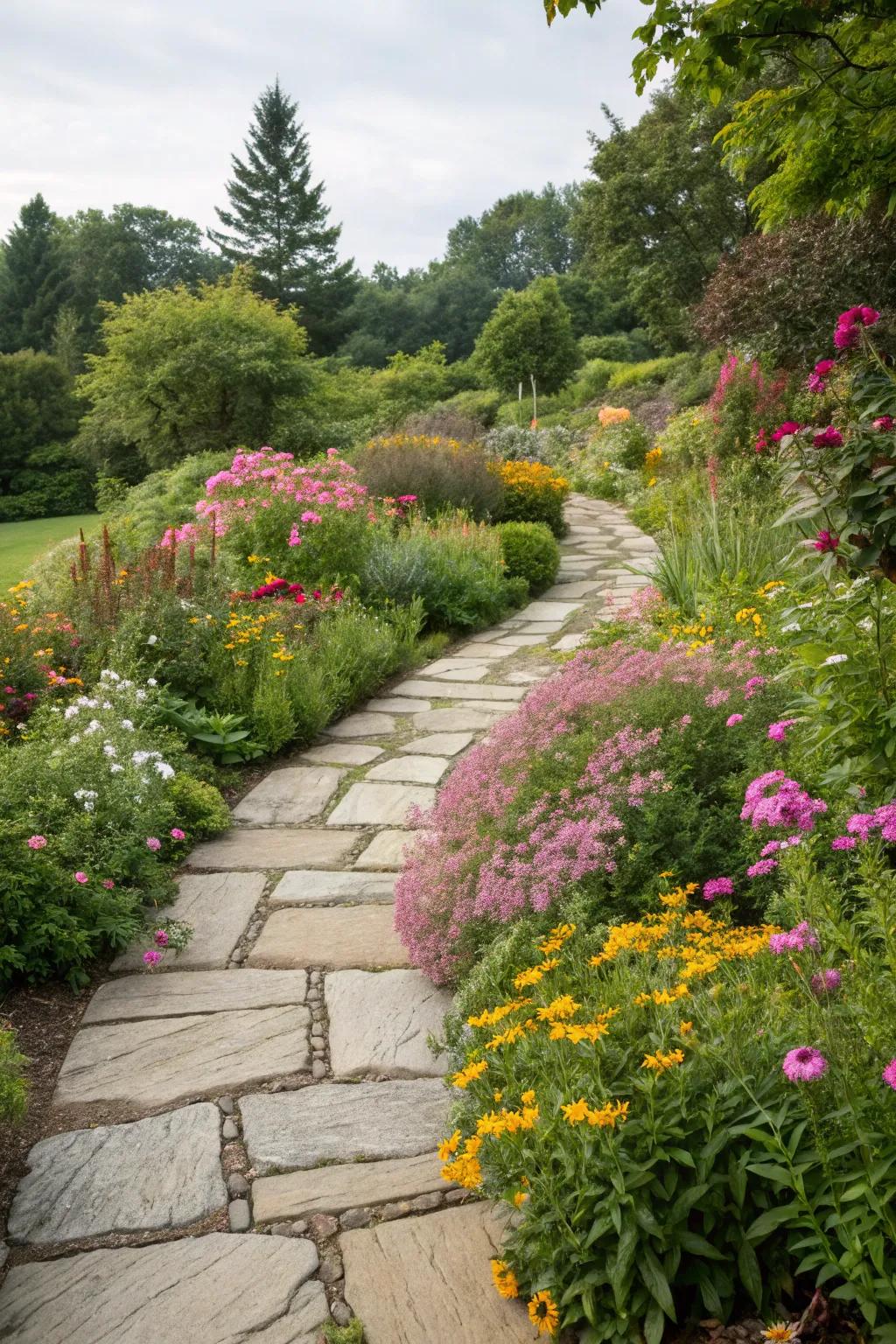 An enchanting stone pathway nestled within a perennial paradise.