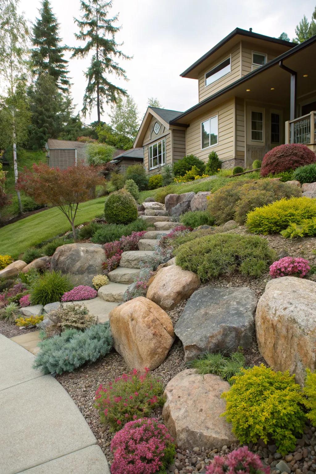 A stone garden that brings together beauty with usefulness on a sloping front yard.