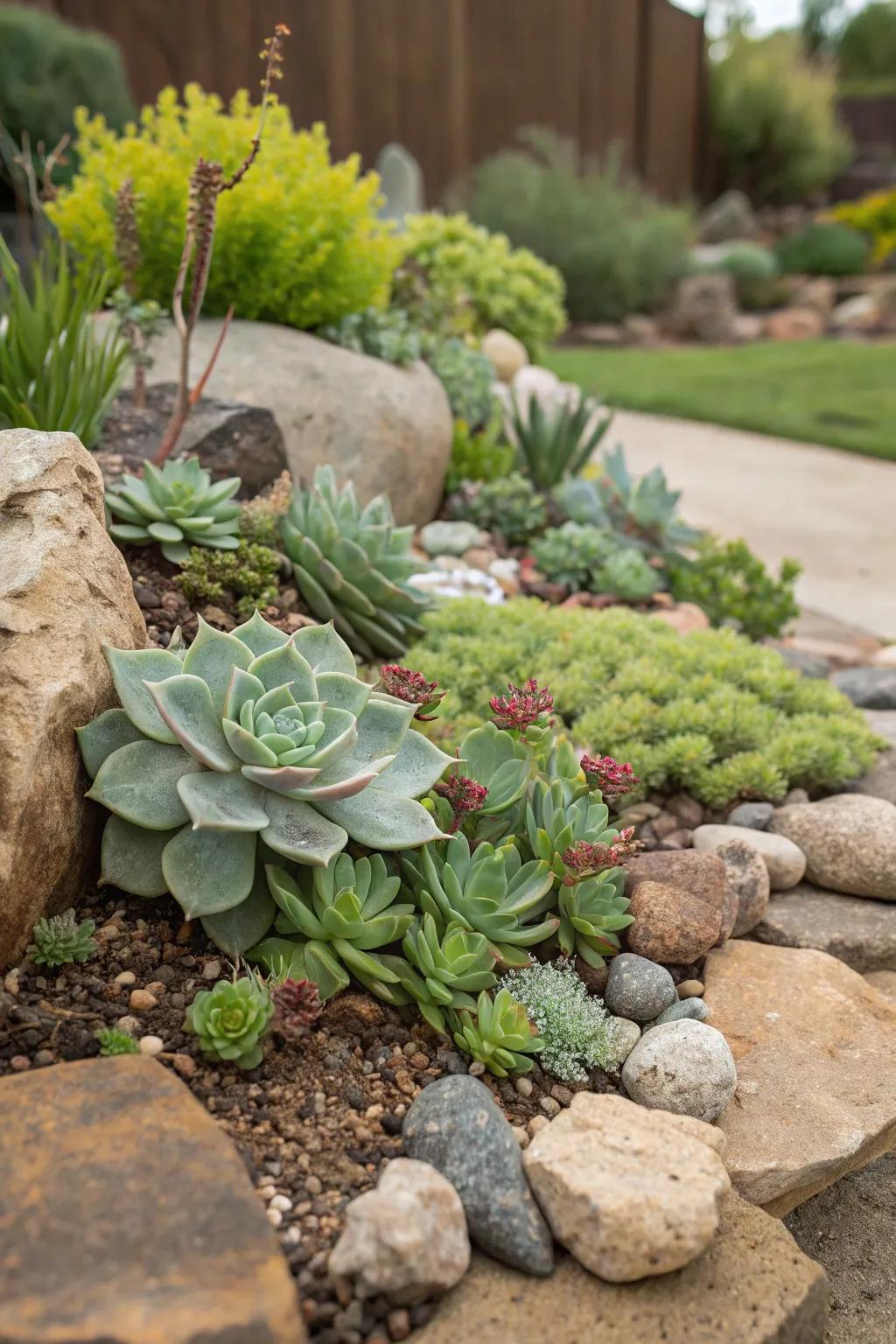 Colorful succulents nestled among the rocks in a garden.