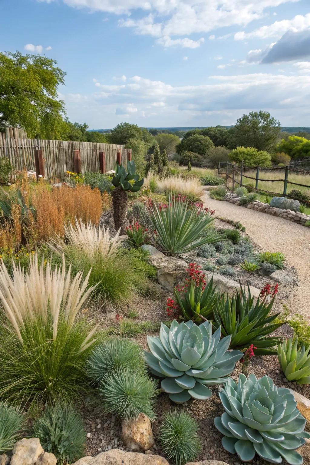Plants like succulents and native grasses thrive in arid Texas environments.