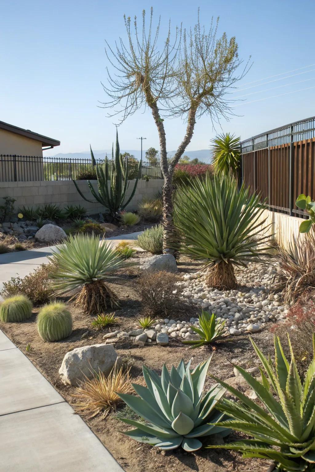 Local agaves and yuccas contribute to the structure and sustainability of a xeriscaped front yard.