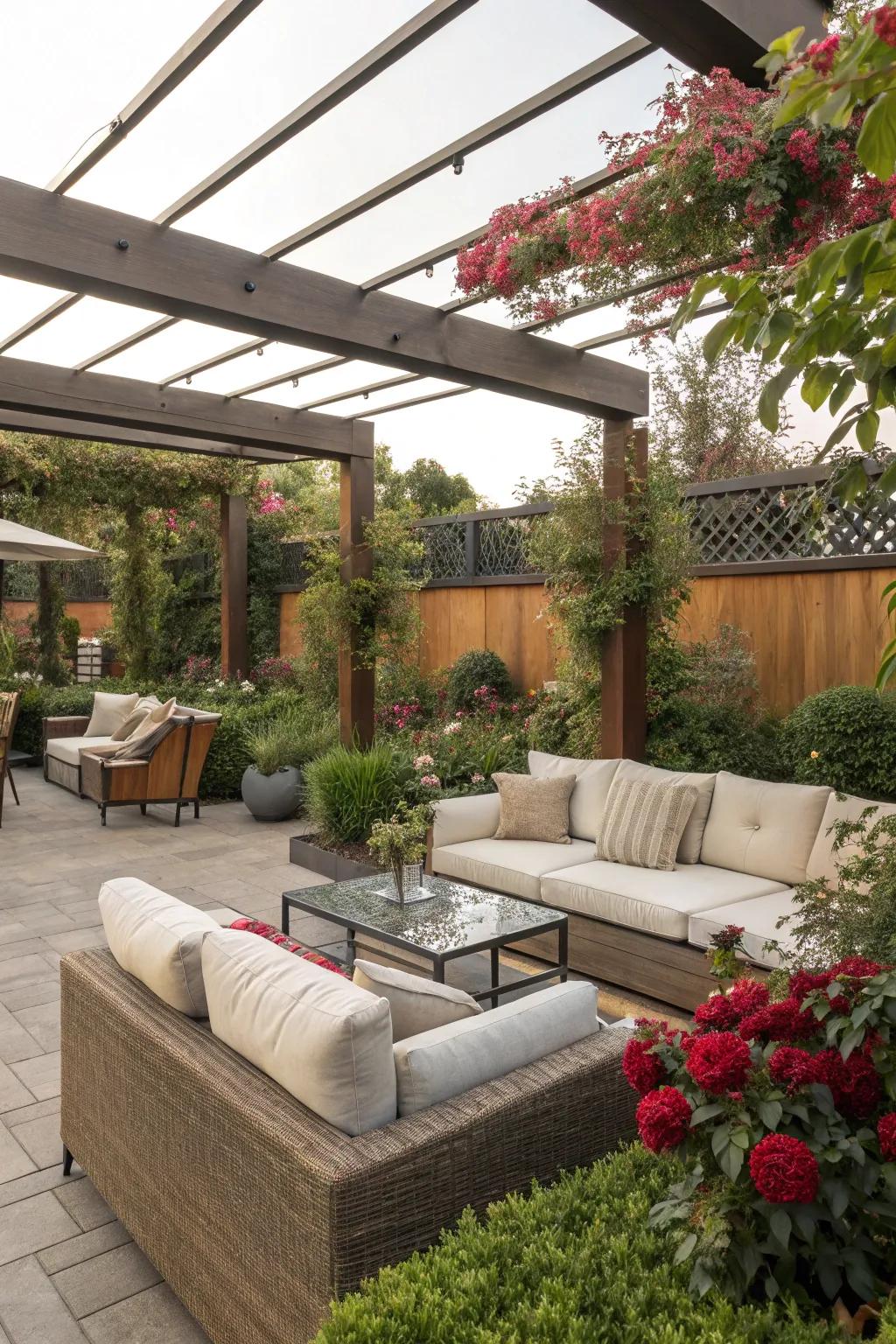 A cozy outdoor lounge featuring plush seating and lively greenery.