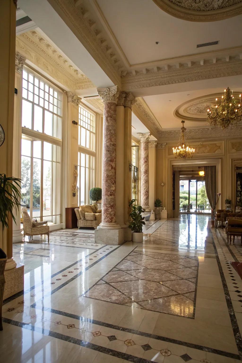 The enduring allure of shimmering marble flooring in a spacious entryway.