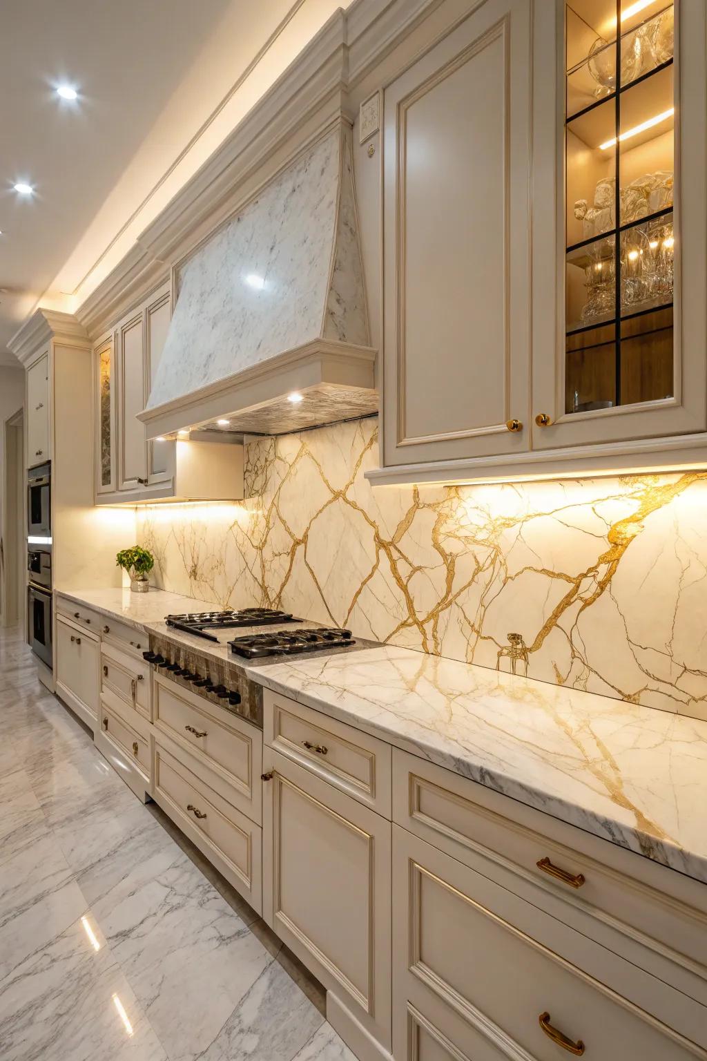 A deluxe kitchen showcasing granite countertops and backsplash.