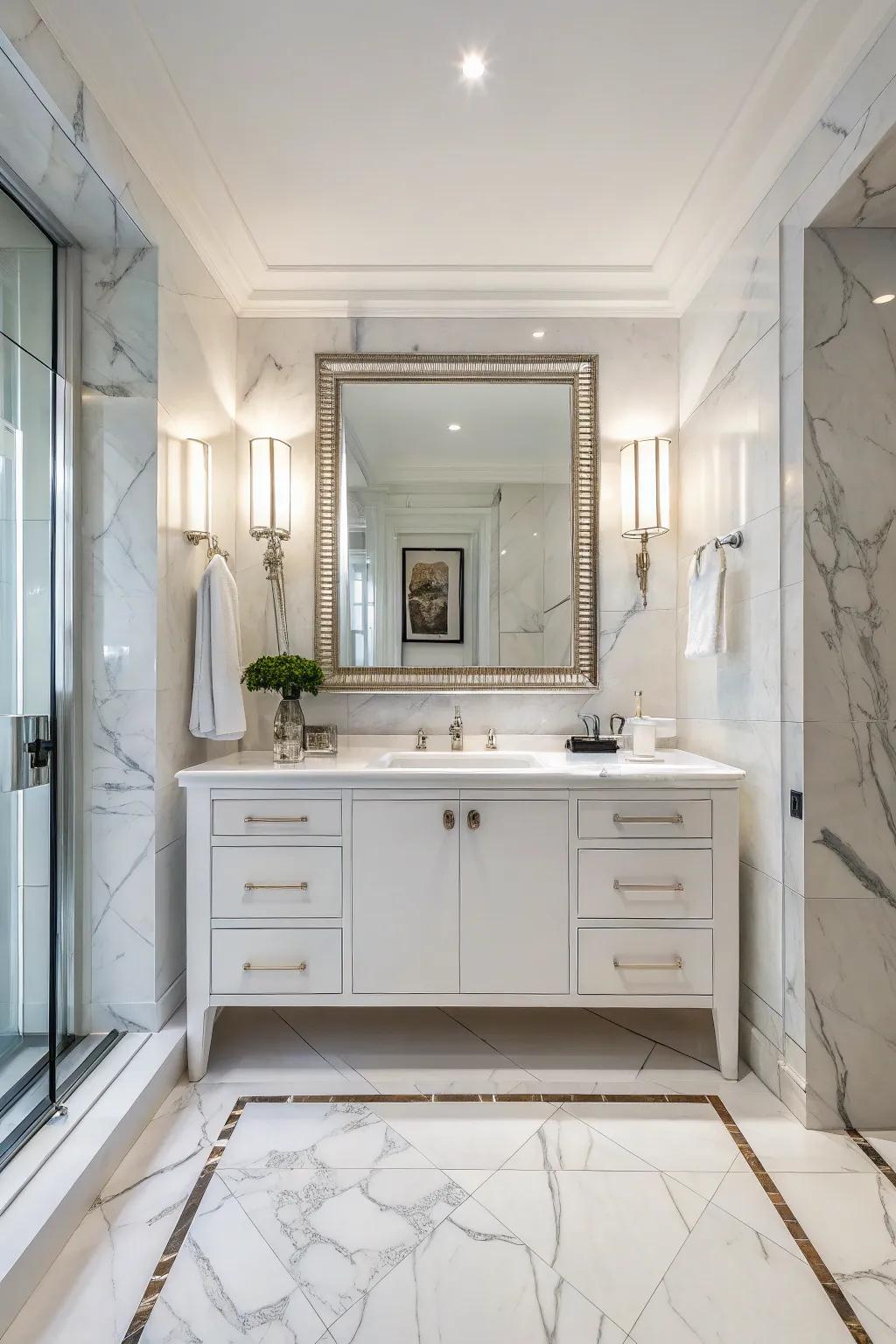 A bathroom showcasing white marble finishes for a timeless look.
