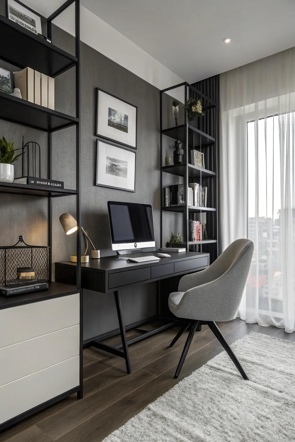 A minimalist modern home office designed with a monochrome color scheme.