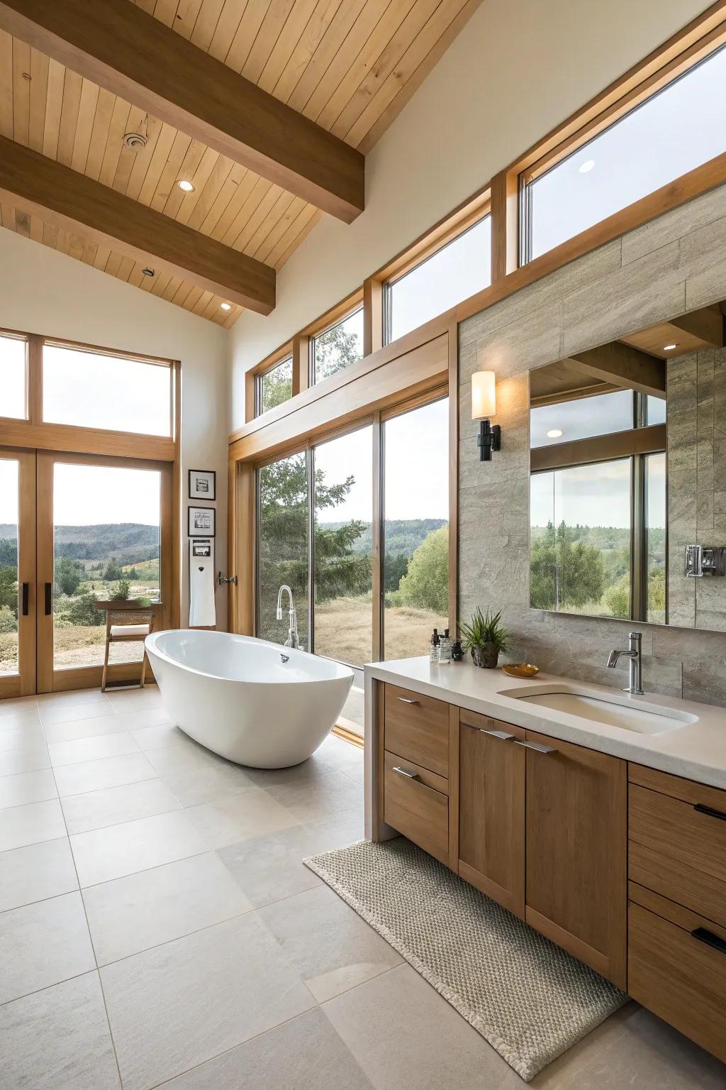 An expansive, modern master bathroom featuring a minimalist design that elevates movement and comfort.