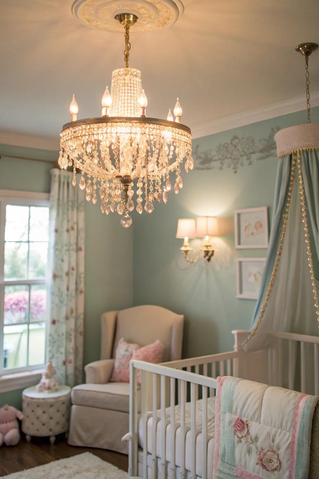 A nursery brightened by a stunning radiant chandelier, contributing a sense of lavishness.