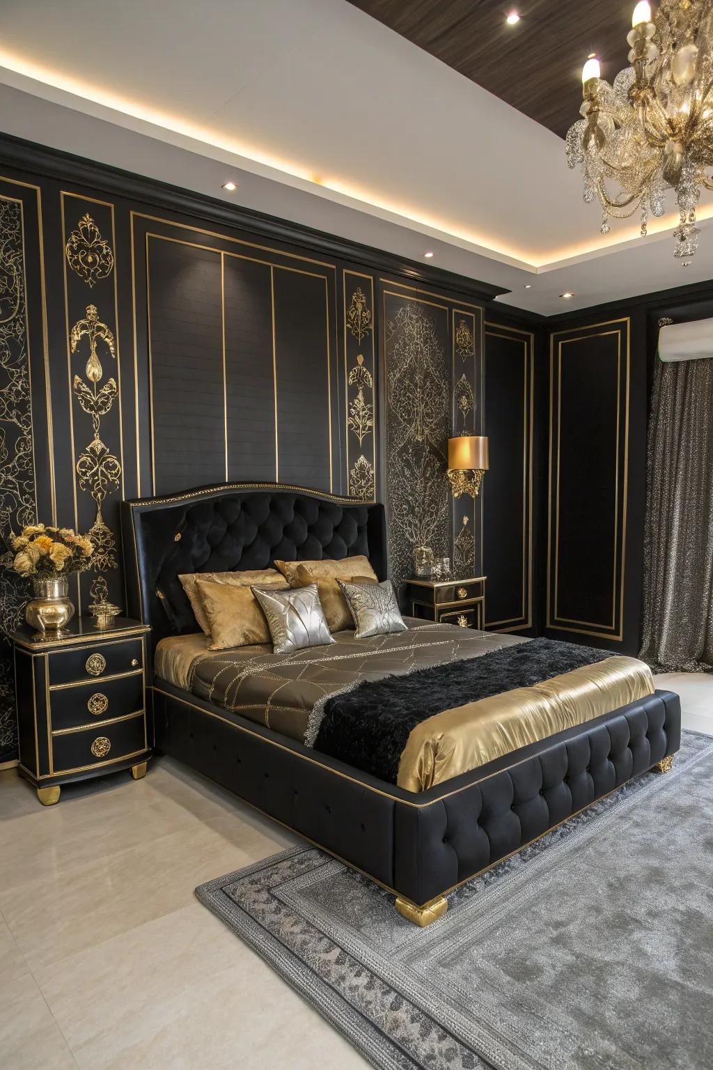 An elegant onyx bedroom improved with gold and silver accents for an exquisite mood.