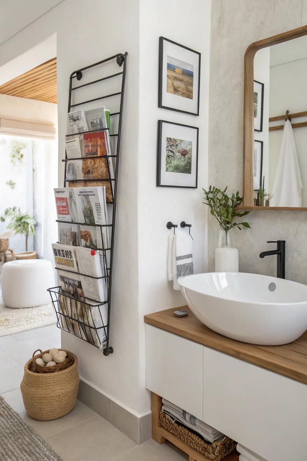 A wall-mounted rack brings order and style to your bathroom.