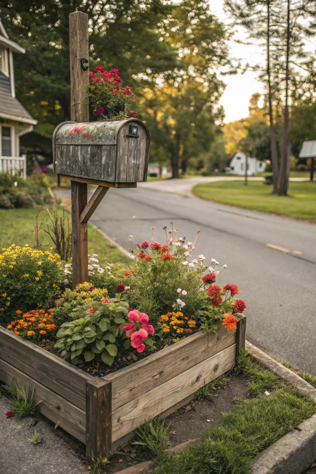 Timber trims beautifully outline this enchanting mailbox flower bed.