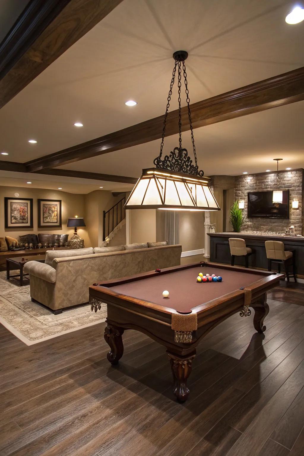 An elegant game table introduces sophistication and amusement to your basement sanctuary.