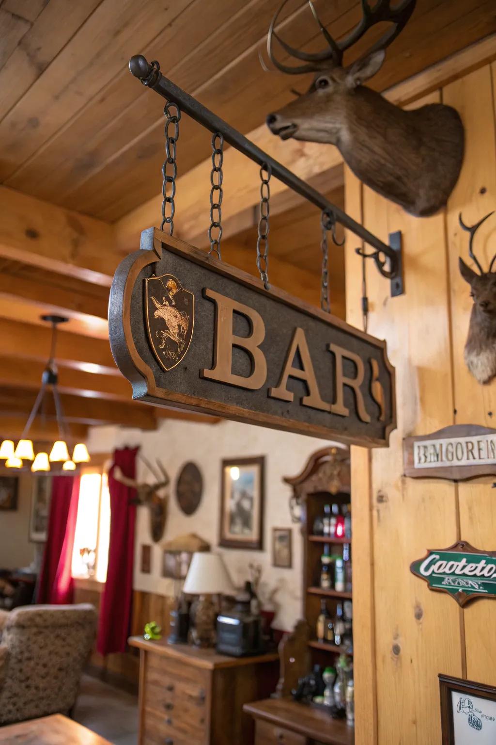 A personalized metal bar emblem enhances the man cave's ambiance.