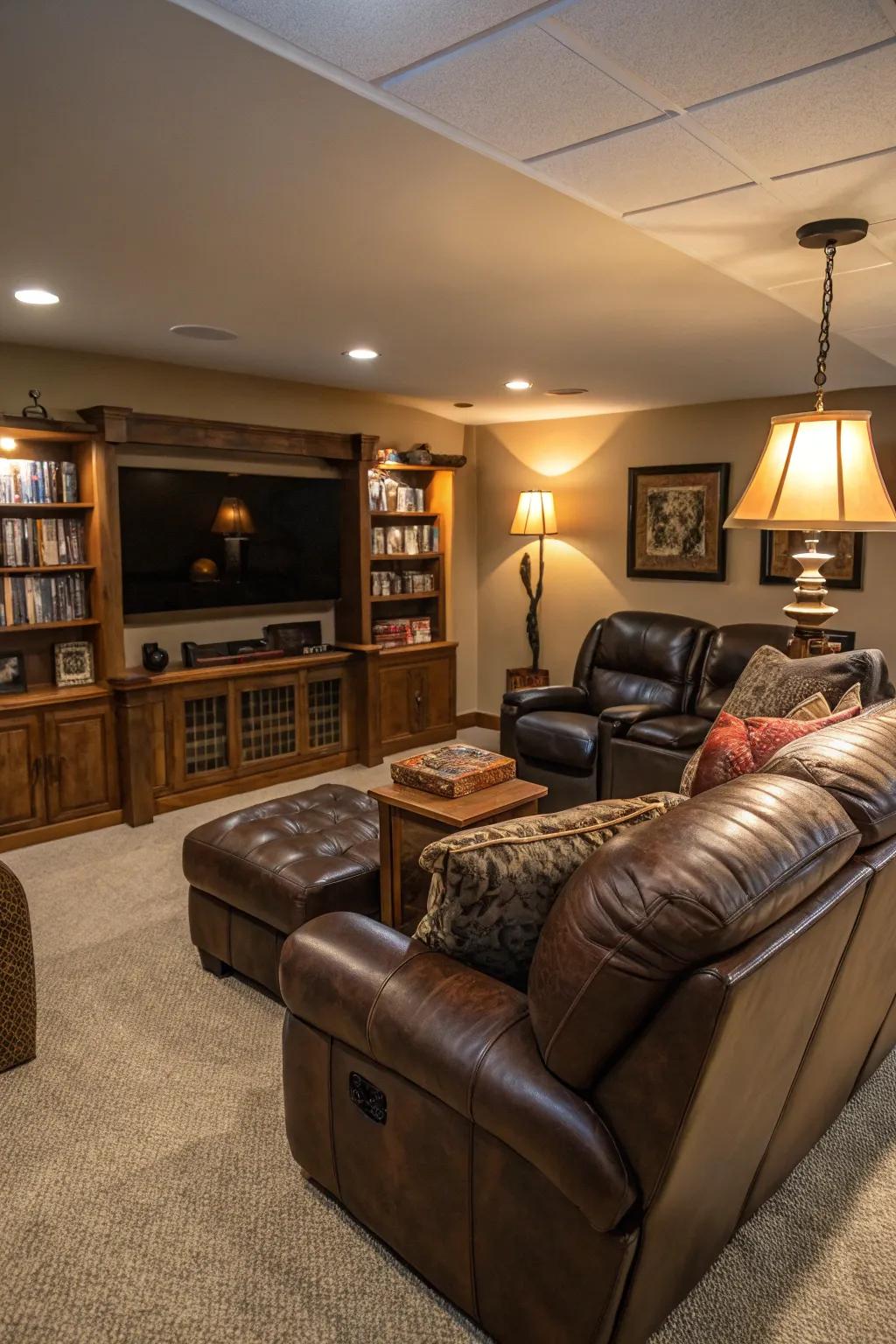 A welcoming man cave featuring a premium leather couch and recliners.