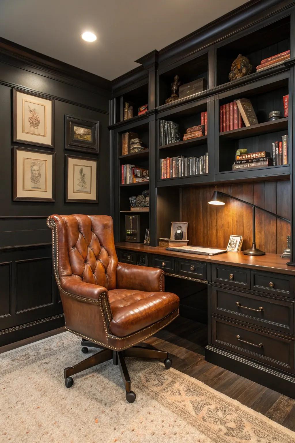 A luxurious leather chair enhances comfort in the office.