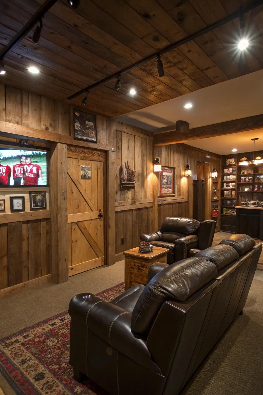 Earthy wood paneling infuses warmth and timeless character into your man cave.