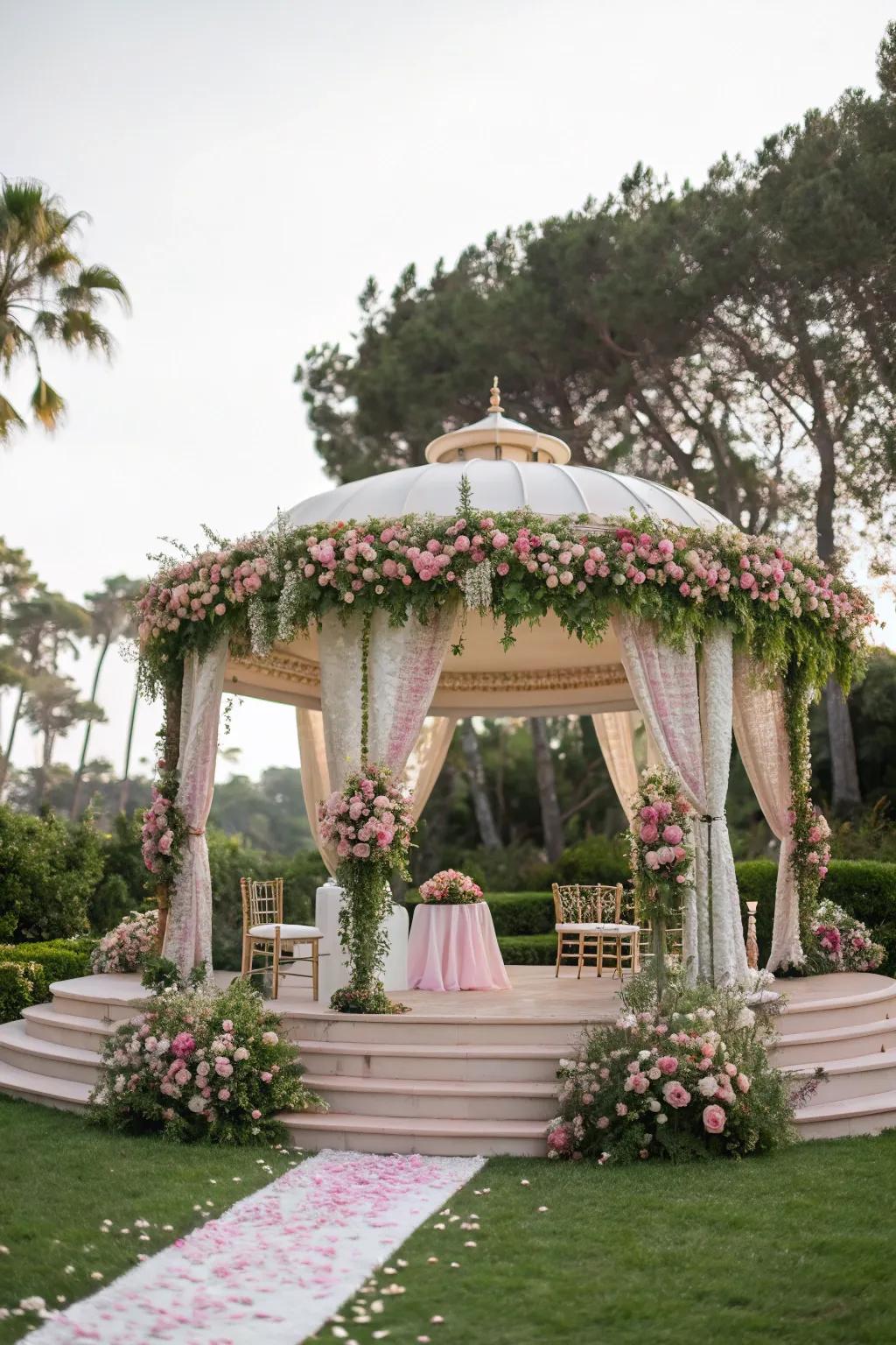 An enchanting floral canopy crafts a storybook ambiance for a marriage altar.