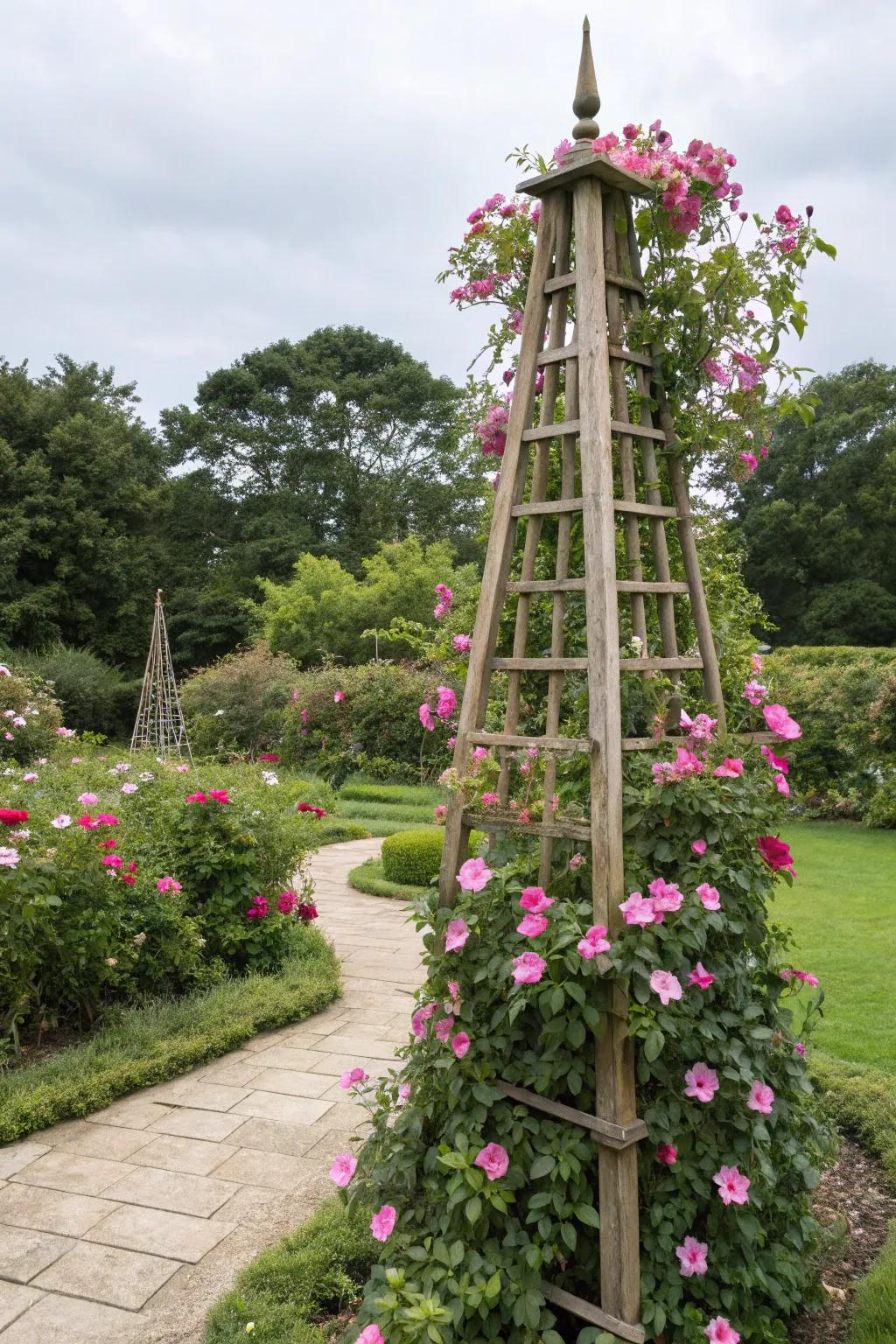 A traditional bamboo spire supports vivid blushing trumpet vine blossoms, crafting an elegant garden highlight.