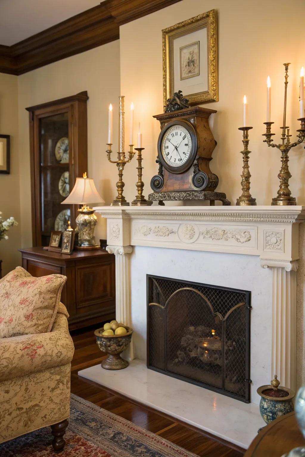 A classic arrangement featuring a timepiece and ornate candlesticks.