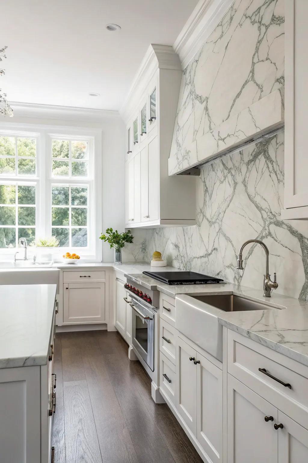 An ivory marble backsplash imparts a sense of grace and straightforward beauty within a kitchen setting.