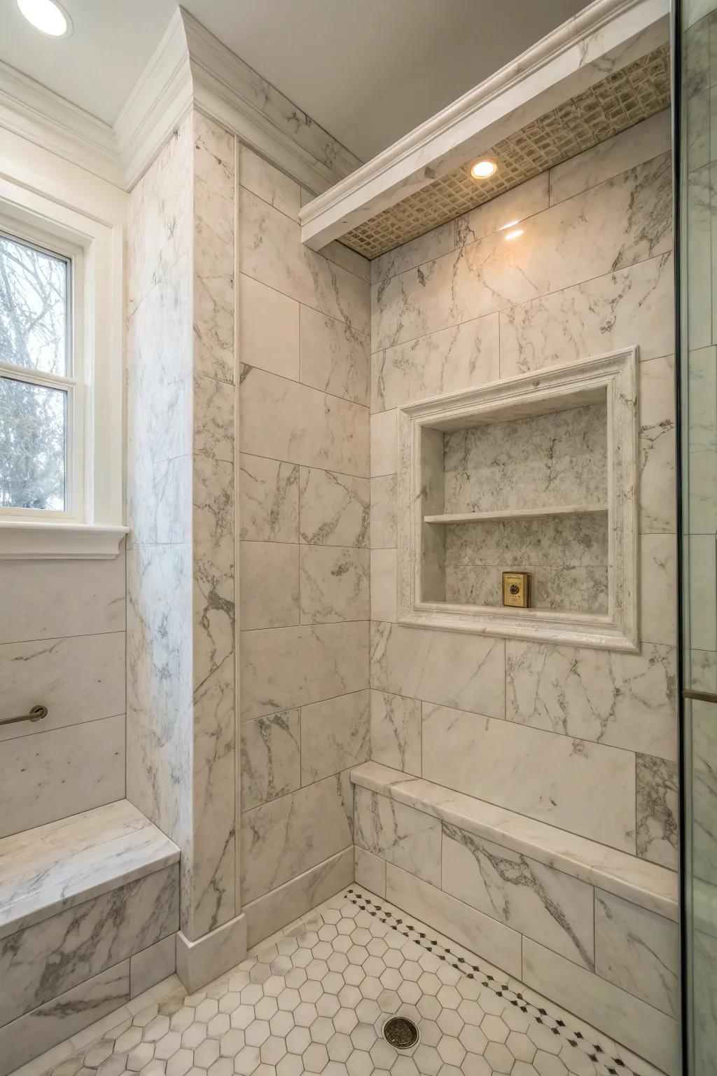 An uninterrupted Bianco stone alcove creates a cohesive and exquisite shower space.