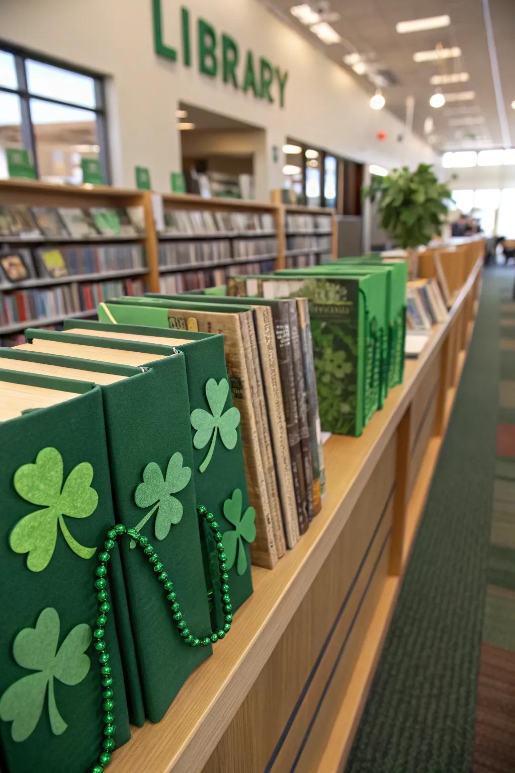 Books cloaked in green, accentuated with shamrock ornaments for St. Patrick’s festivities.