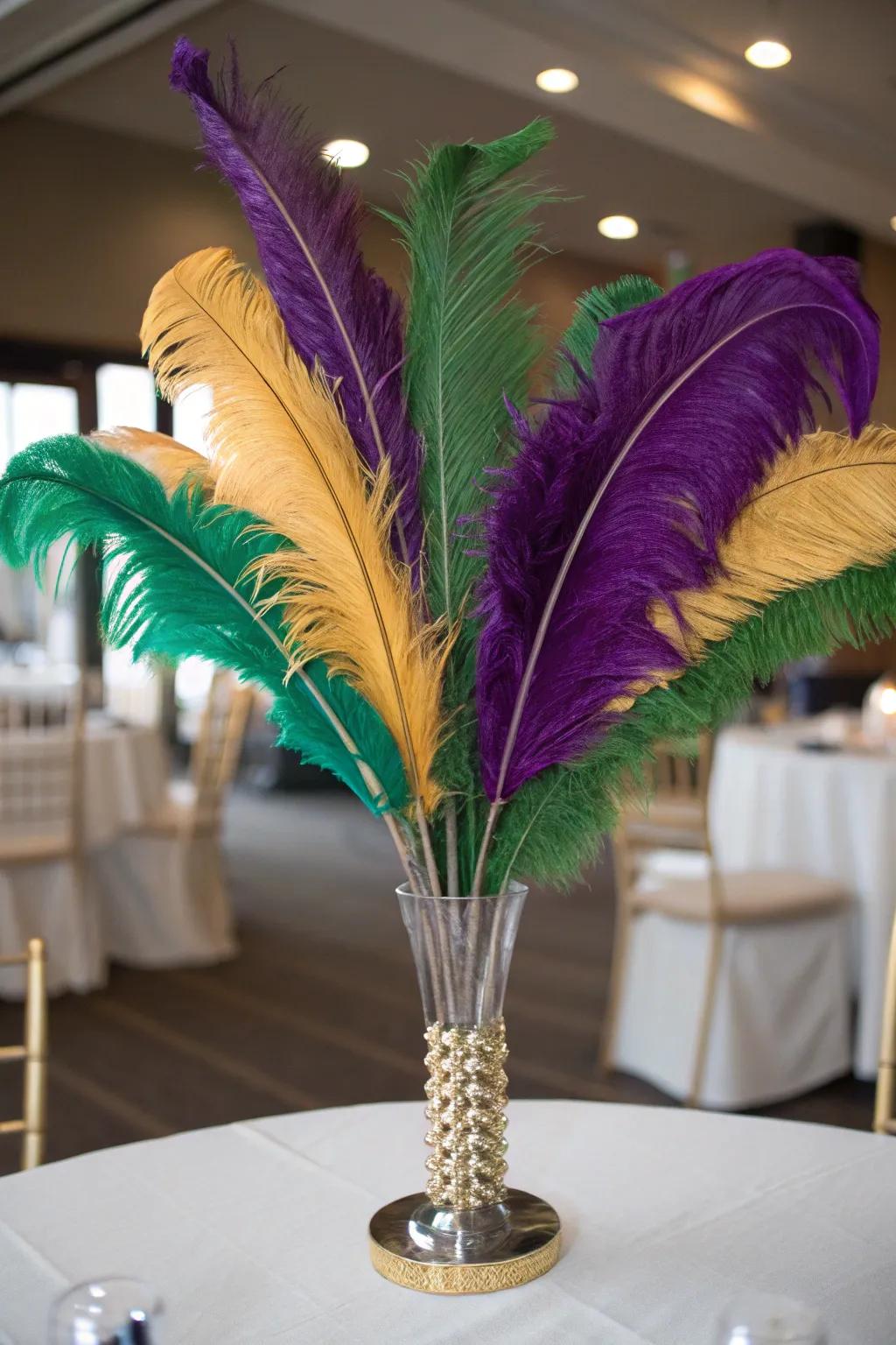 A plume centerpiece introduces a dash of refinement and allure to your Mardi Gras ornamentation.