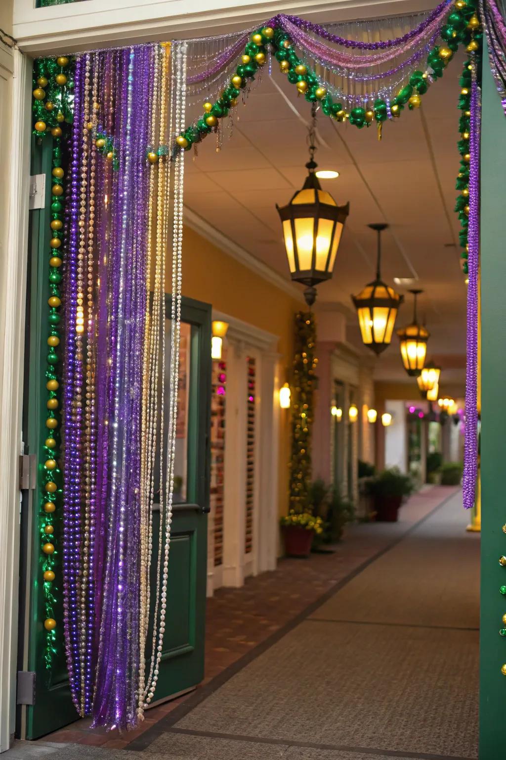 A welcoming cascade in Mardi Gras colors sets the festive tone for the party