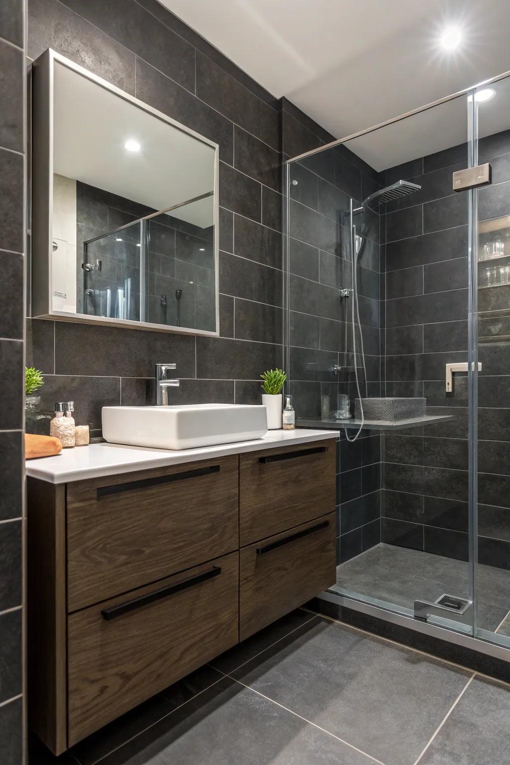 A lavatory showcasing sophisticated darkness through the employment of graphite tiles.