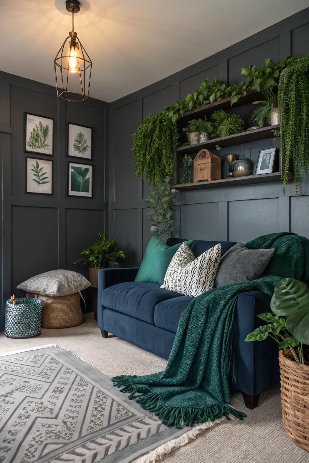 A retreat with slate walls and vibrant navy details.