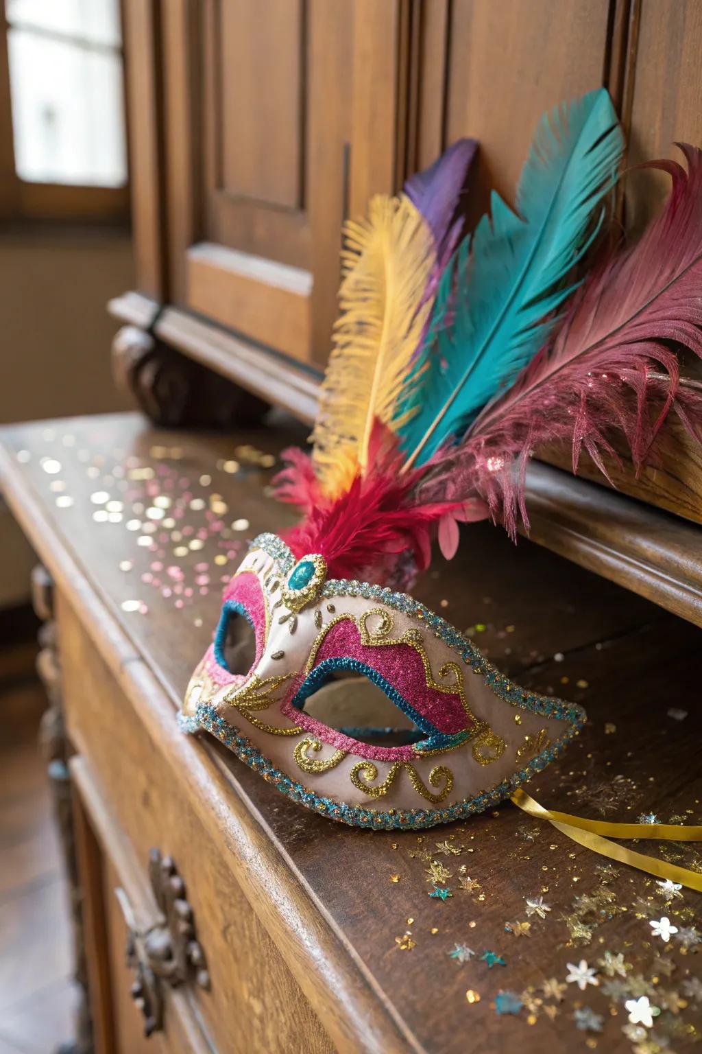 A mask adorned with feathers for a touch of theatrical elegance.