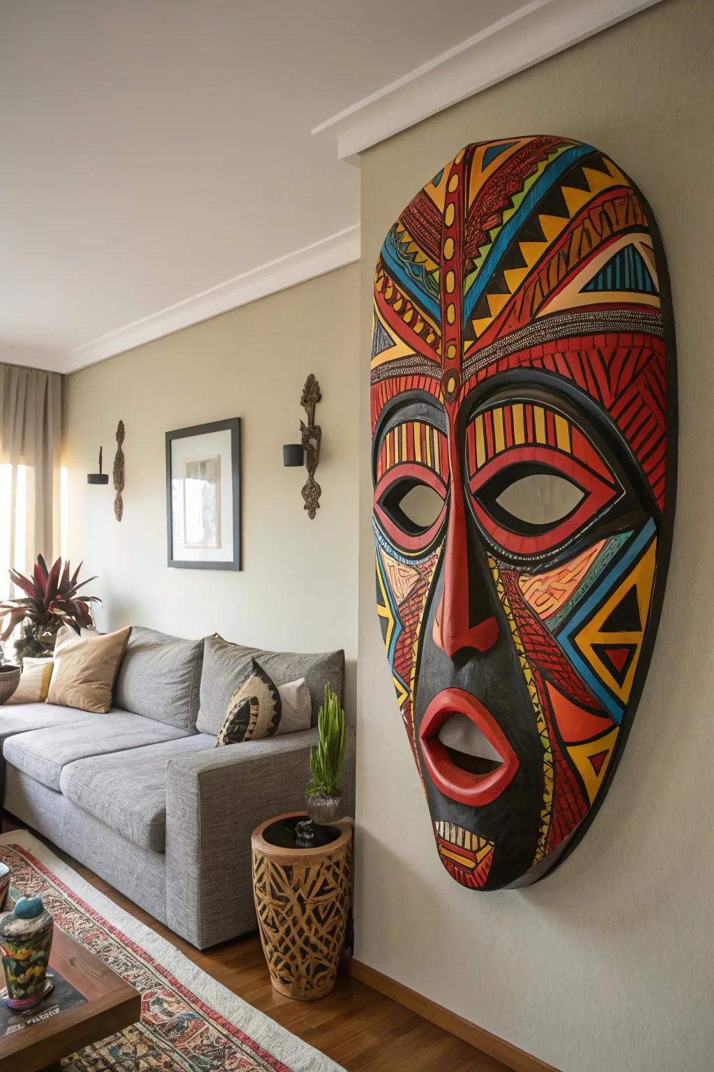 An abstract mask artistry bringing a vibrant splash of color to any room.