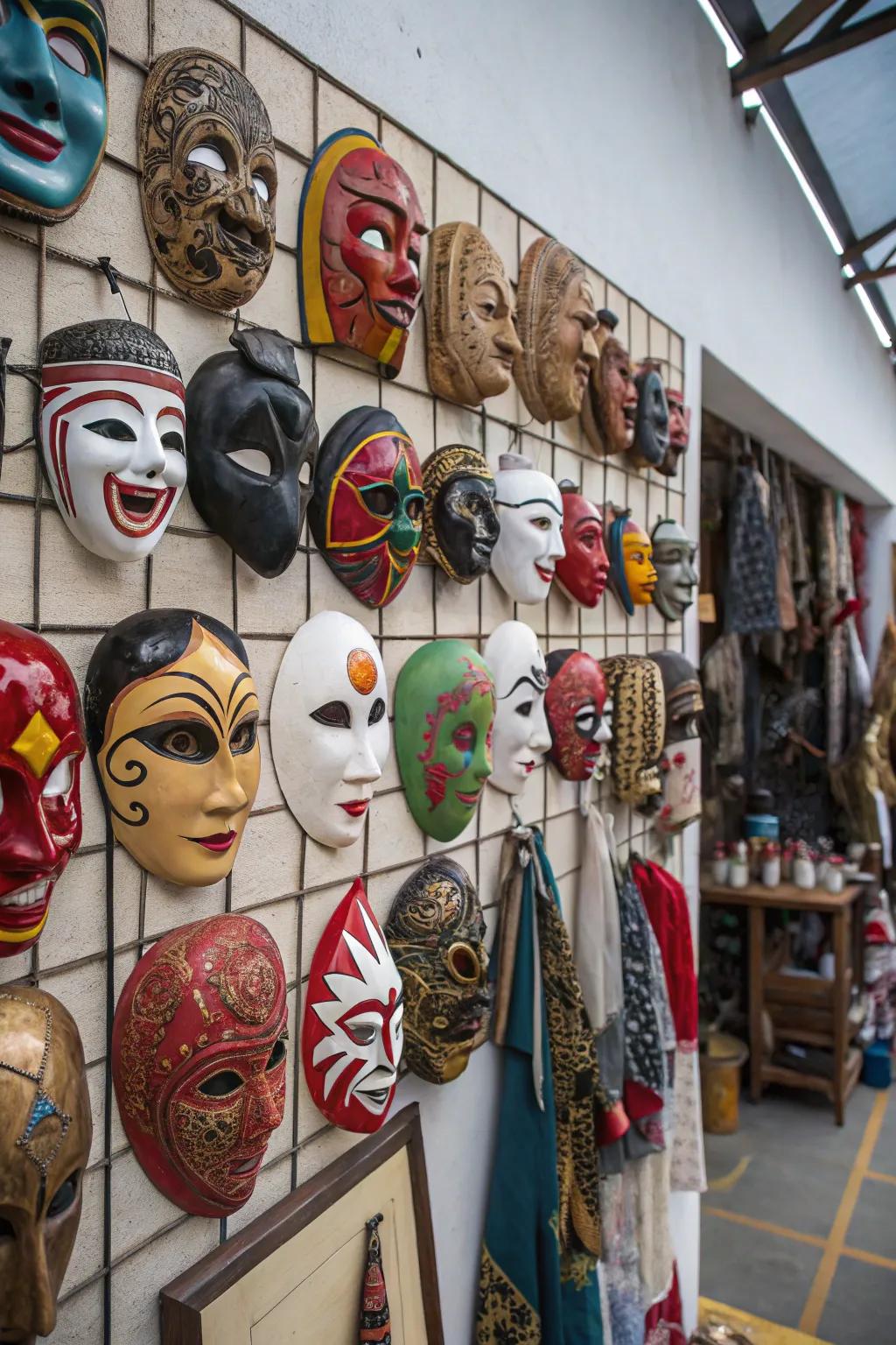 A varied collection of masks infuses vitality and energy into this setting.