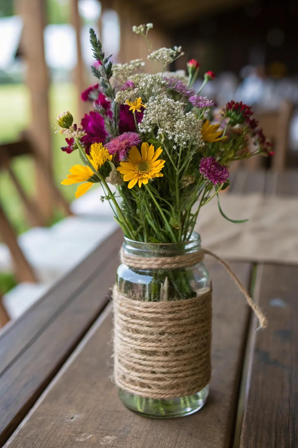 Country beauty showcased in a cord-wrapped mason jar vase.