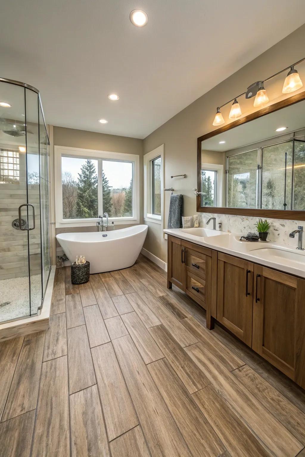 Wood-look porcelain tiles provide a cozy yet resilient option.