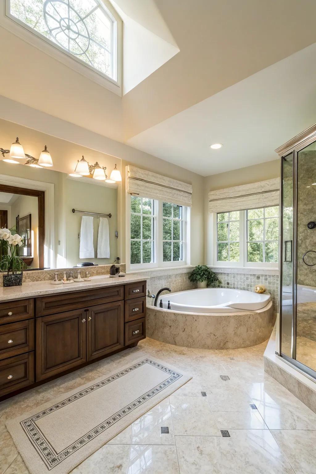 A master bathroom showcases a generous layout centered around the jacuzzi tub.